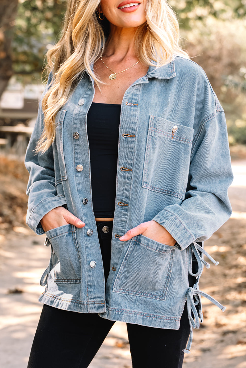 Dear-Lover Dropshipping Beau Blue Patchwork Pockets Side Tie Dear-Lover Dropshipping
